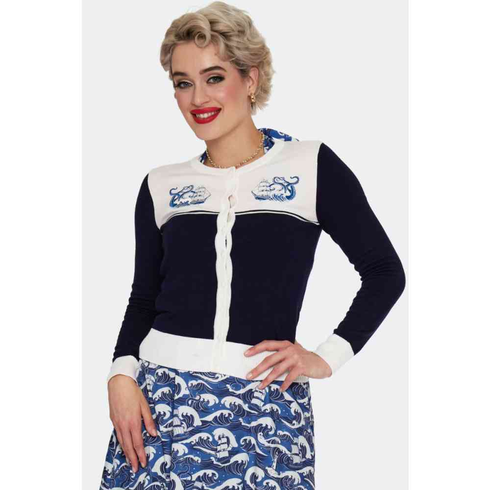Voodoo Vixen - Pirate Ship Kraken Embroidery Cardigan - Donkerblauw